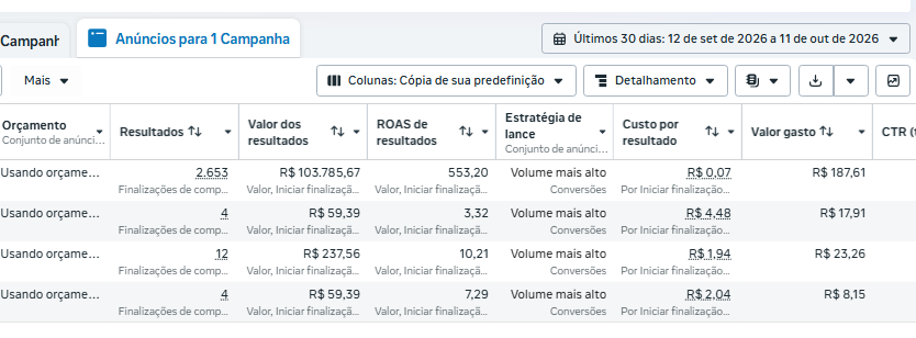 Painel de anúncios enviado por um cliente, com o filtro Últimos 30 dias